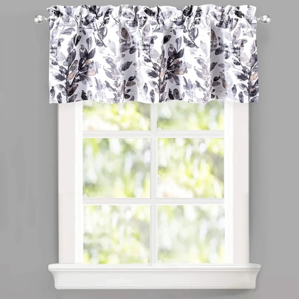 Luxury Home | Chic Farmhouse Grey & White Heathered Leaf Print Window Valence